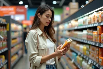 Voyageuse lisant une étiquette alimentaire en livres dans un supermarché étranger pour convertir en kilogrammes