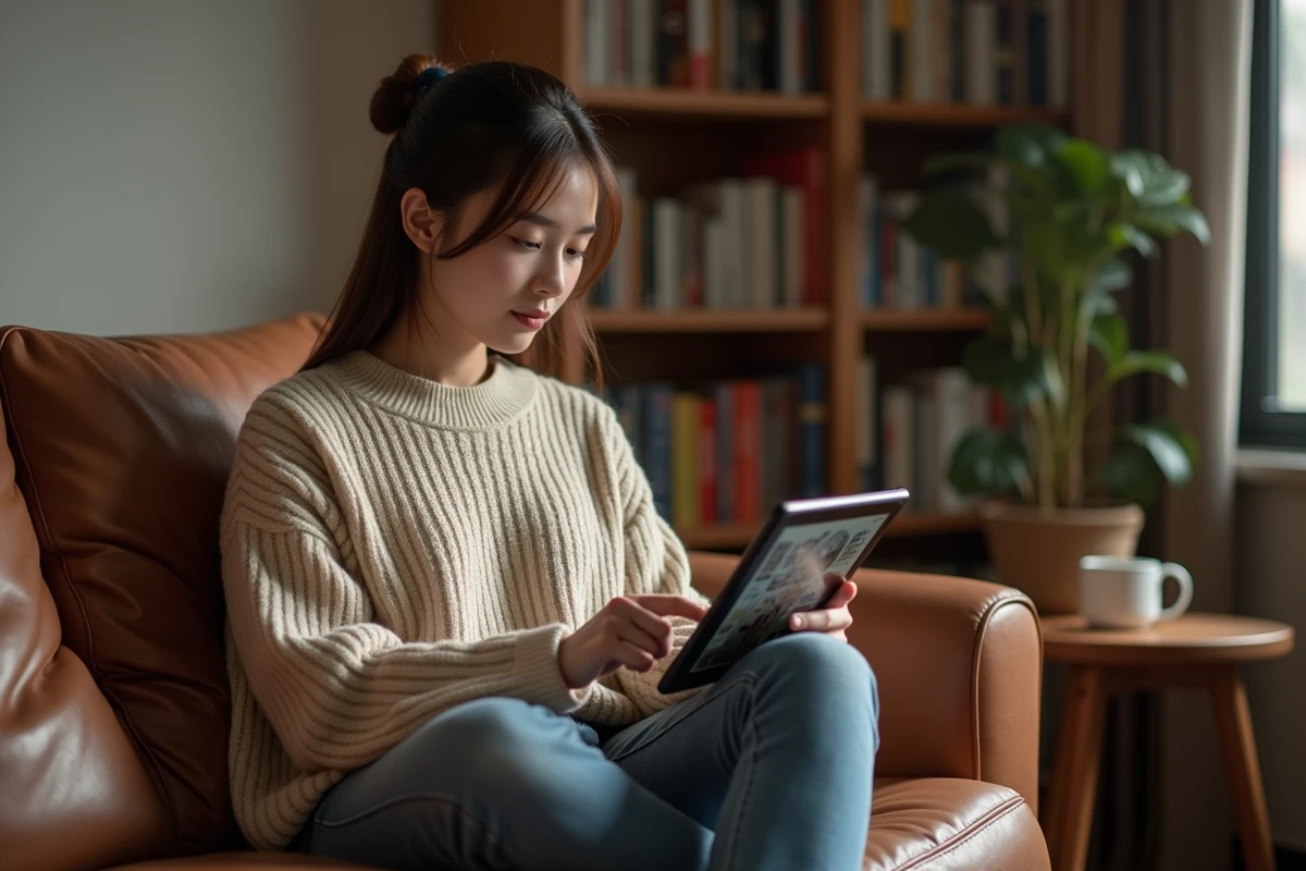 Jeune femme lisant des mangas sur une tablette via un site légal de streaming manga, installée confortablement dans son salon