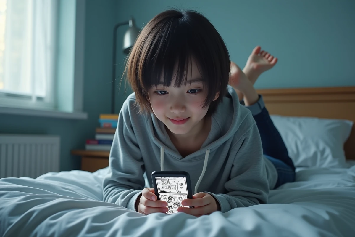 Jeune personne lisant un manga sur smartphone allongée sur son lit, comparant Kaliscab et les plateformes officielles de manga