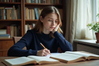 Lycéenne en pleine réflexion philosophique sur la définition de l'art pour le bac, assise à un bureau avec des livres de philosophie ouverts