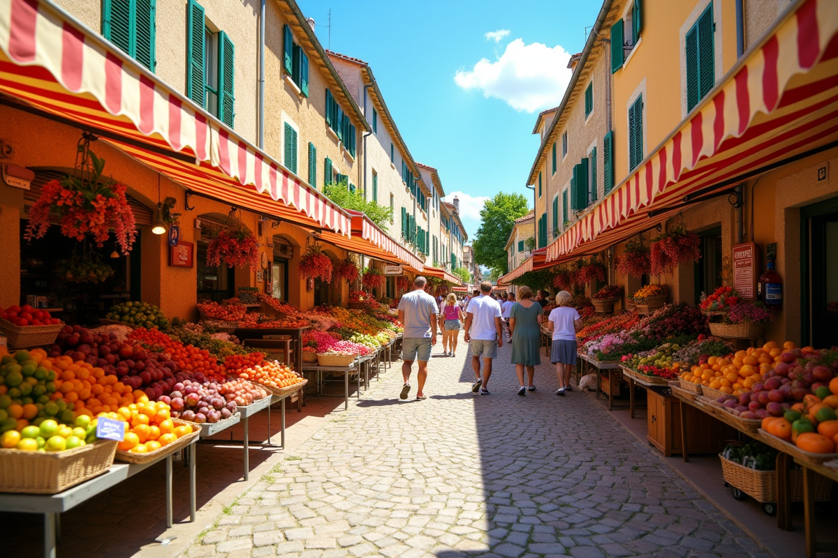 Marché provençal animé avec étals colorés et bâtiments anciens