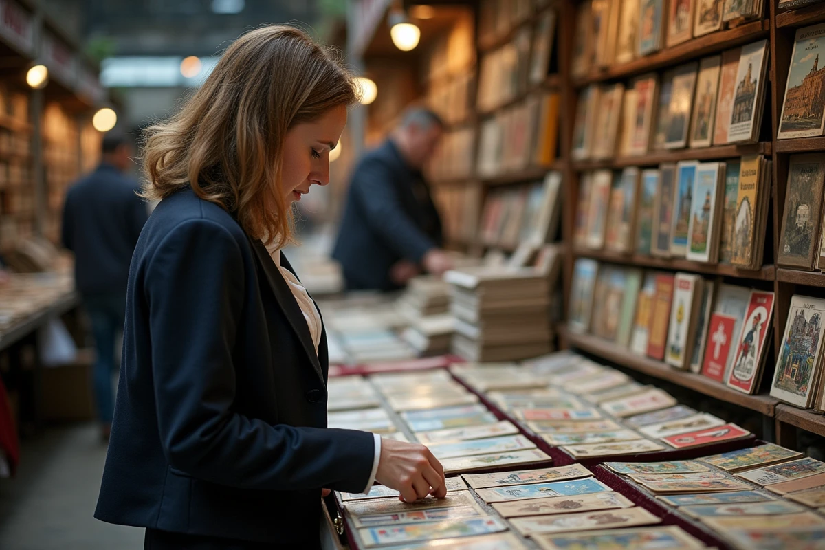 Femme parcourant des cartes téléphoniques vintage sur un stand de marché aux puces spécialisé dans les objets de collection