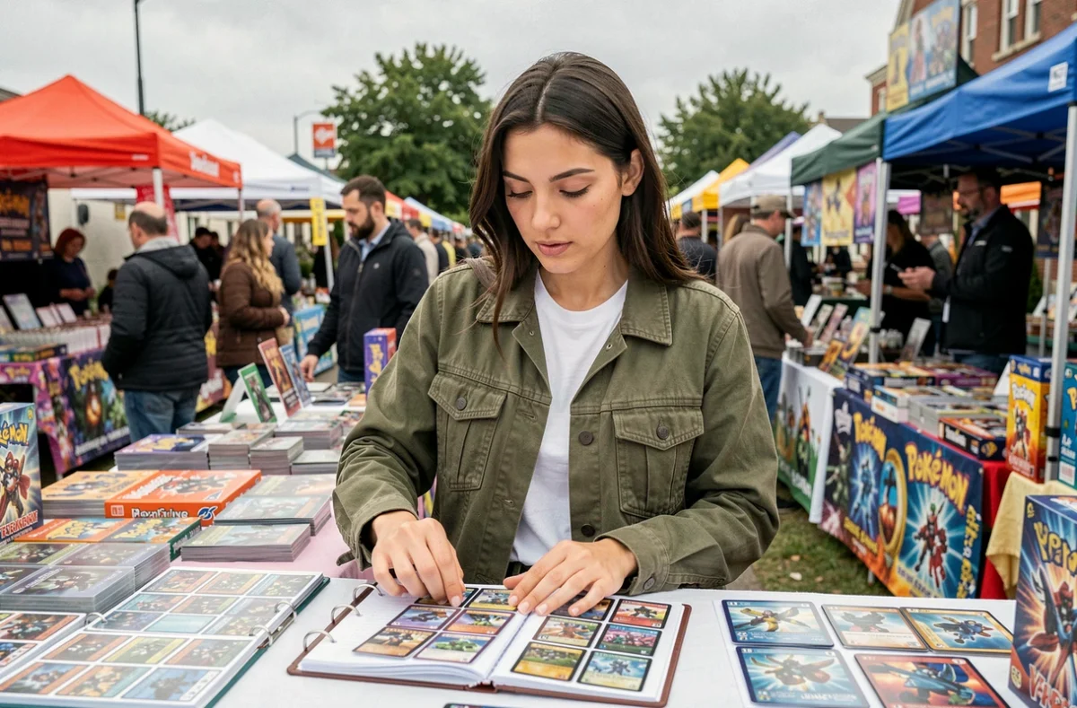 Femme parcourant des cartes Pokémon rares dans un classeur sur un marché de collectionneurs en plein air