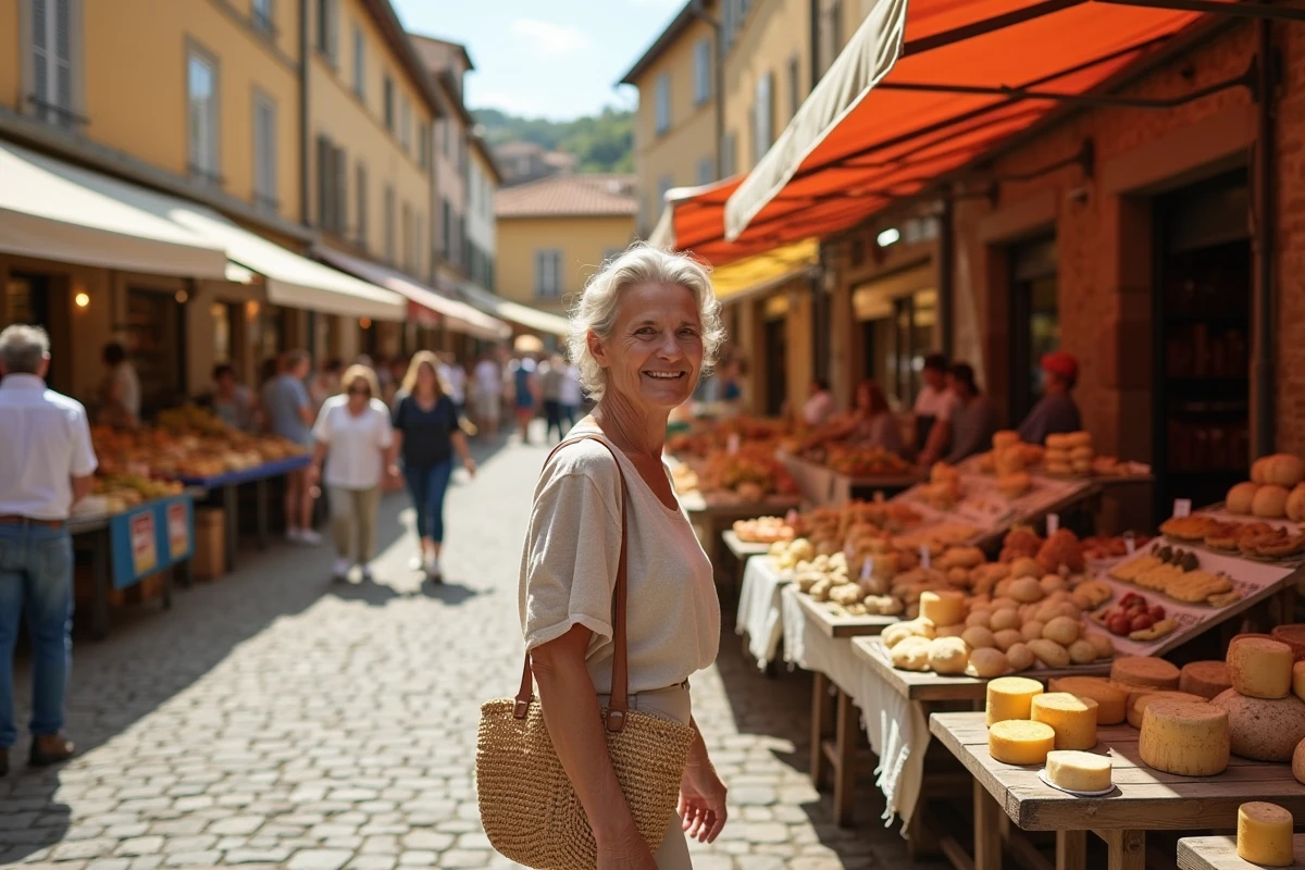 Marché provençal animé à Eauze dans le Gers avec des étals de produits locaux et des habitants qui font leurs courses