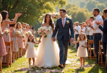 Cérémonie de mariage en plein air avec couple heureux