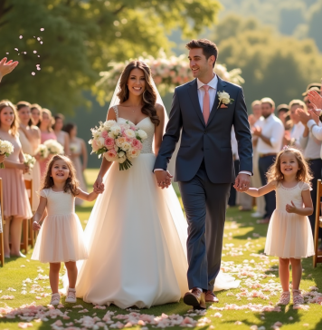 Se marier avec des enfants : comprendre les avantages et les défis familiaux Cérémonie de mariage en plein air avec couple heureux