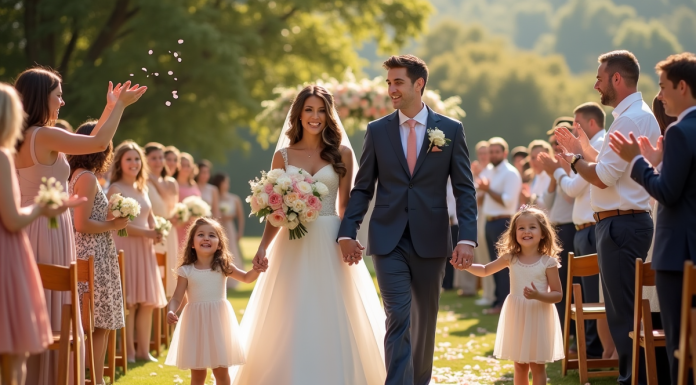 Cérémonie de mariage en plein air avec couple heureux