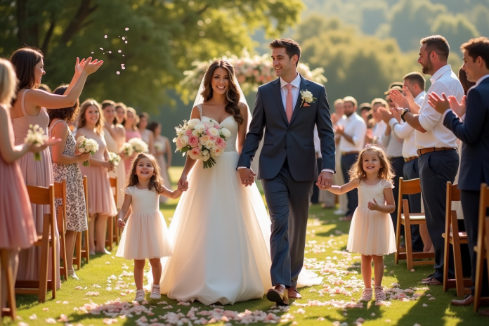 mariage-en-plein-air-joyeux Cérémonie de mariage en plein air avec couple heureux