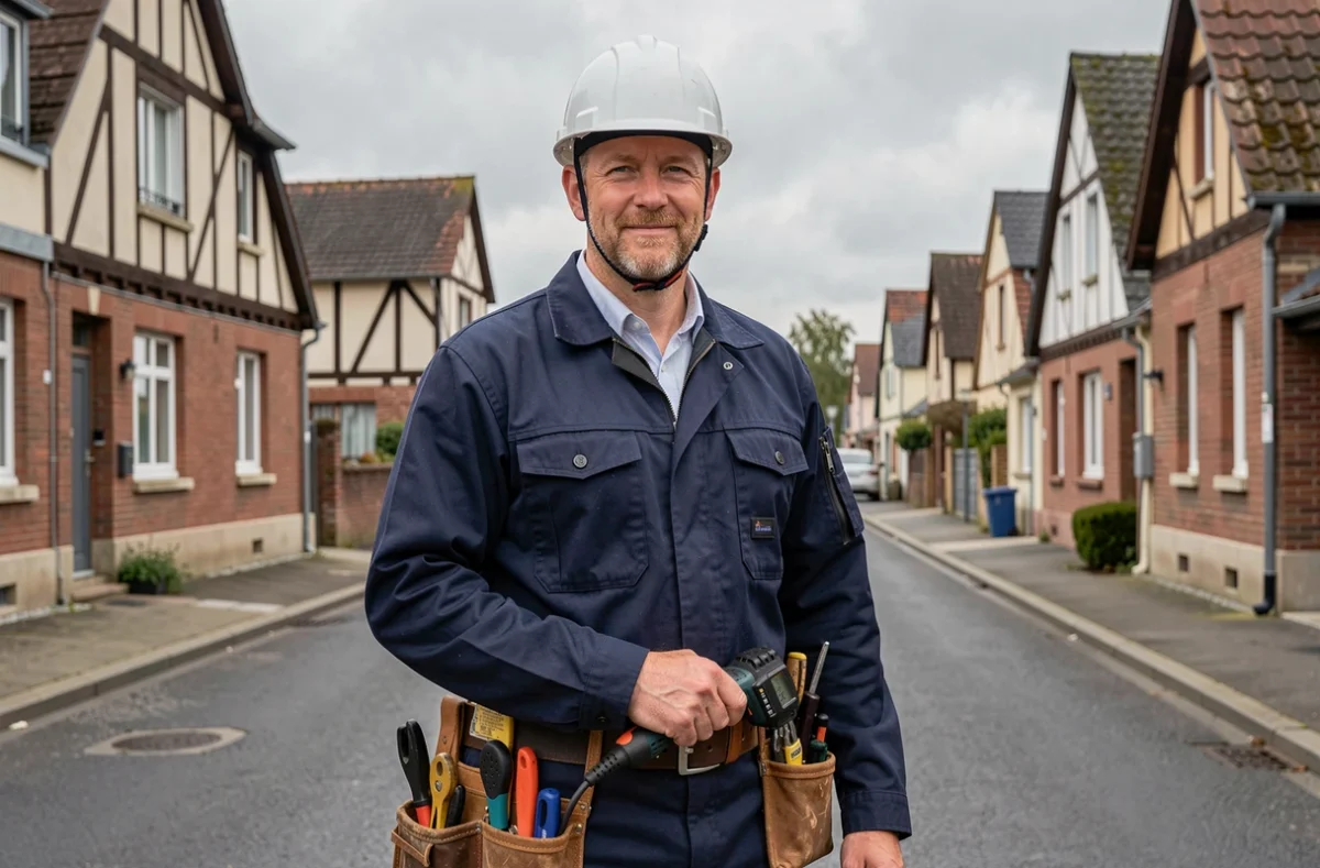 Électricien professionnel en Seine-Maritime devant une rue résidentielle normande
