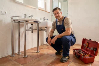 Plombier professionnel au travail dans une salle de bain de style provençal à Fréjus, représentant les meilleurs plombiers de la ville