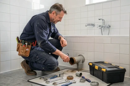 Plombier professionnel intervenant dans une salle de bain résidentielle dans l'Oise