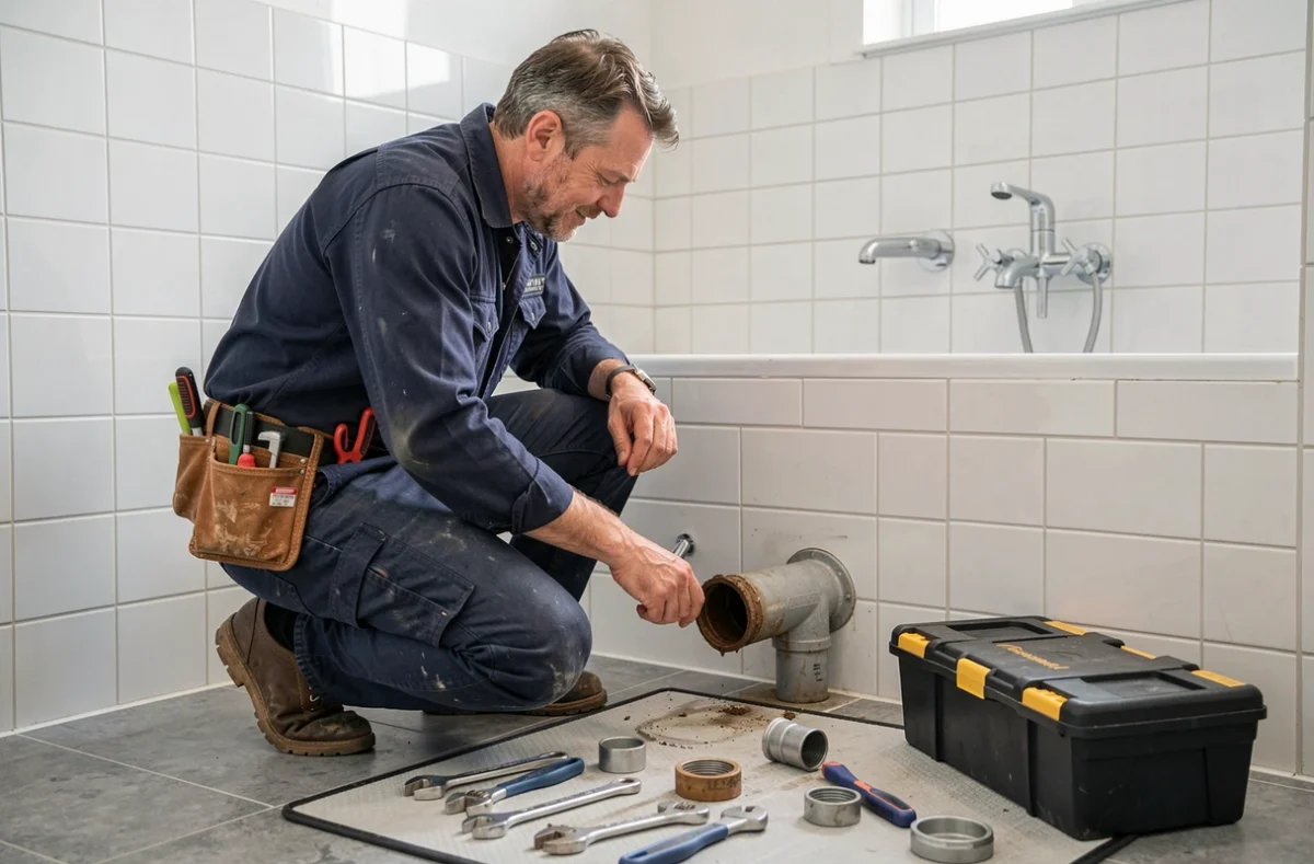 Plombier professionnel intervenant dans une salle de bain résidentielle dans l'Oise