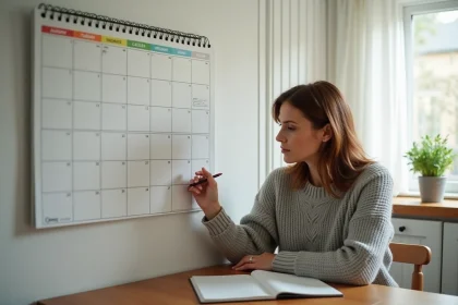 Mère organisant un calendrier de résidence alternée semaines paires impaires sur une table de cuisine en bois