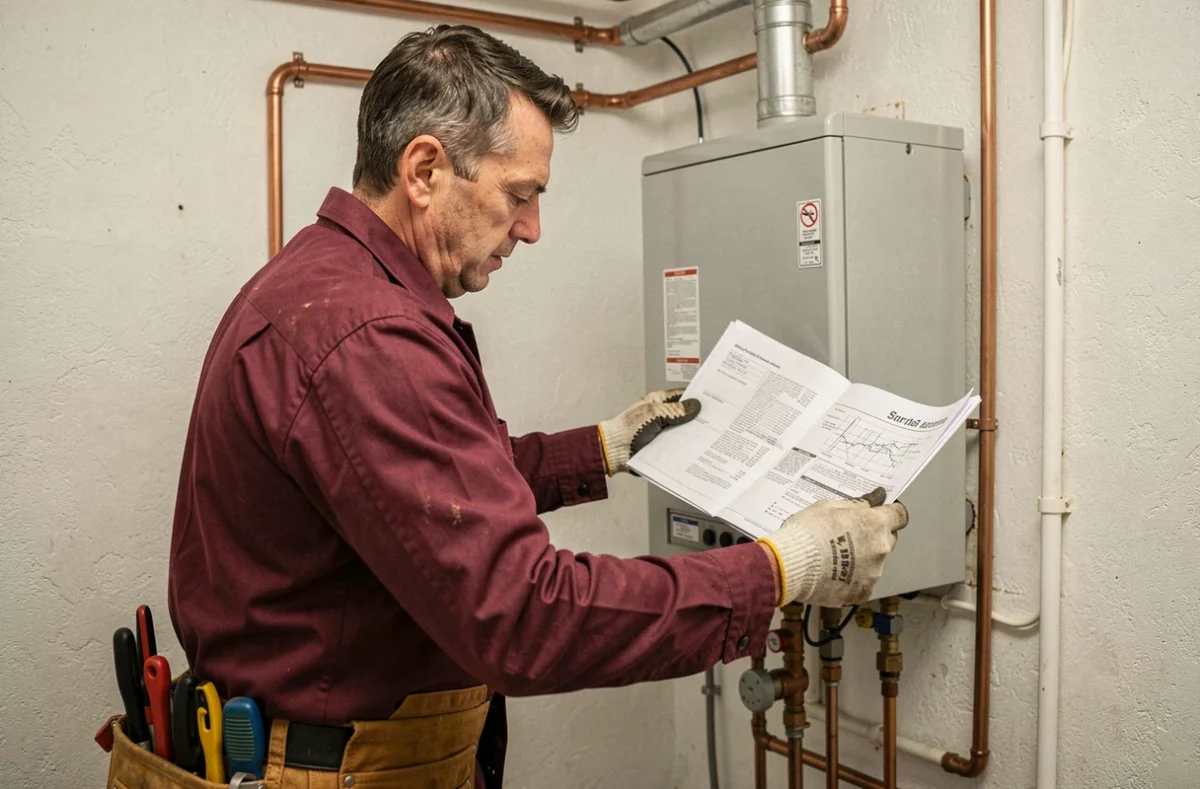 Technicien de MF Plomberie Chauffage réglant une chaudière à gaz dans une chaufferie résidentielle