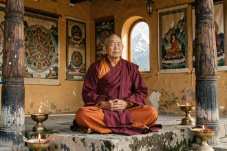 Moine bouddhiste tibétain en méditation dans un monastère de l'Himalaya, entouré de thangkas et de symboles évoquant Shamballa