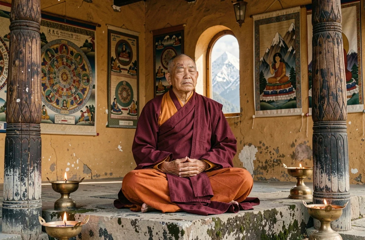 Moine bouddhiste tibétain en méditation dans un monastère de l'Himalaya, entouré de thangkas et de symboles évoquant Shamballa