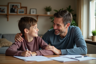 Un homme rassurant avec un garçon souriant à la maison