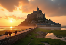 Mont Saint Michel au lever du soleil avec reflet doré