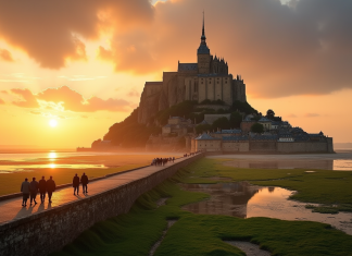 Destination touristique en France : Découvrez la première ! Mont Saint Michel au lever du soleil avec reflet doré