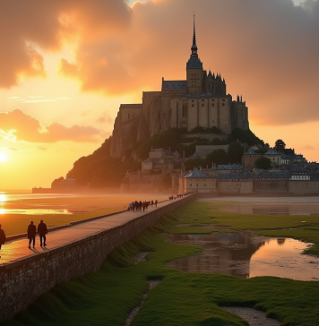Destination touristique en France : Découvrez la première ! Mont Saint Michel au lever du soleil avec reflet doré