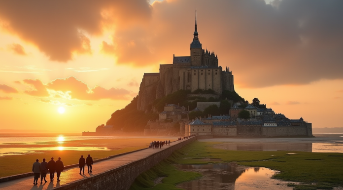 Mont Saint Michel au lever du soleil avec reflet doré
