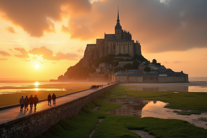 Mont Saint Michel au lever du soleil avec reflet doré