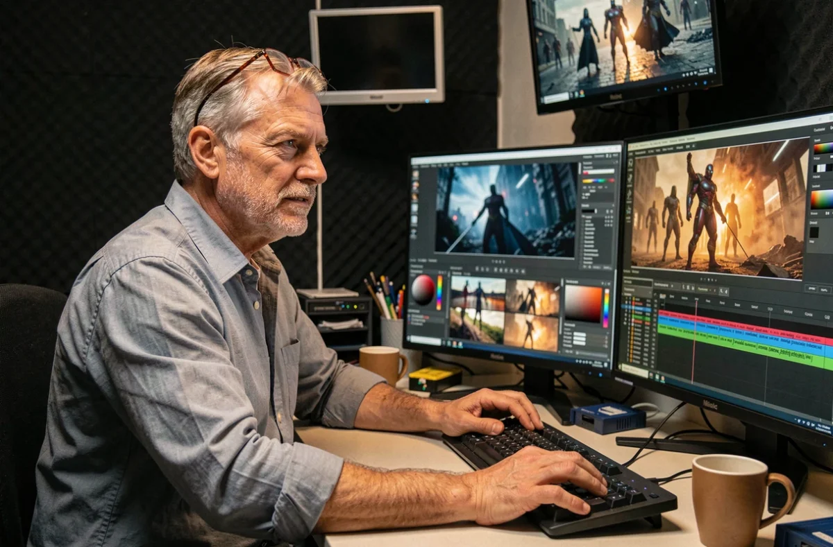 Monteur de film professionnel en salle de post-production analysant des séquences cinématographiques d'un film Marvel sur plusieurs écrans