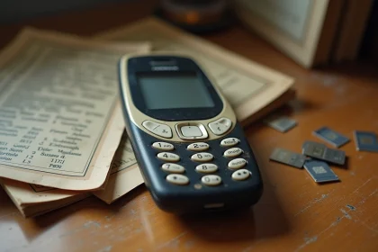 Nokia ancien modèle 3310 posé sur un bureau en bois avec des accessoires vintage comme des cartes SIM et un manuel d'utilisation