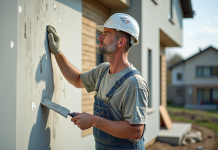 Ouvrier en extérieur appliquant de l'enduit sur une maison moderne