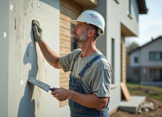 Quel est le prix pour l’enduit d’une maison de 100 m² ? Ouvrier en extérieur appliquant de l'enduit sur une maison moderne