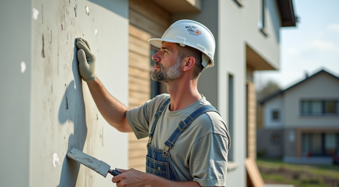 Ouvrier en extérieur appliquant de l'enduit sur une maison moderne