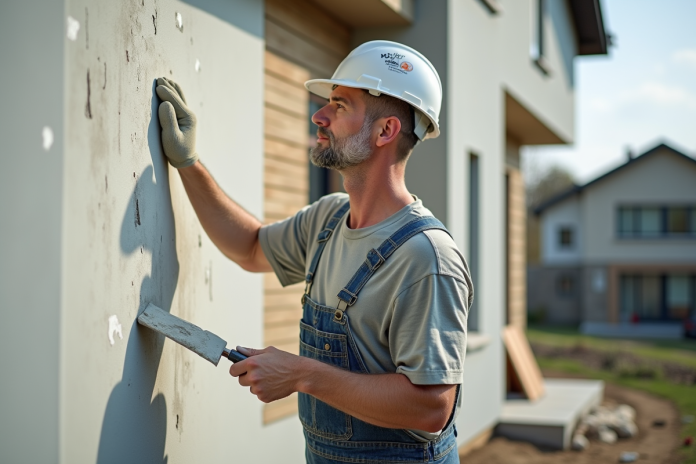 Ouvrier en extérieur appliquant de l'enduit sur une maison moderne