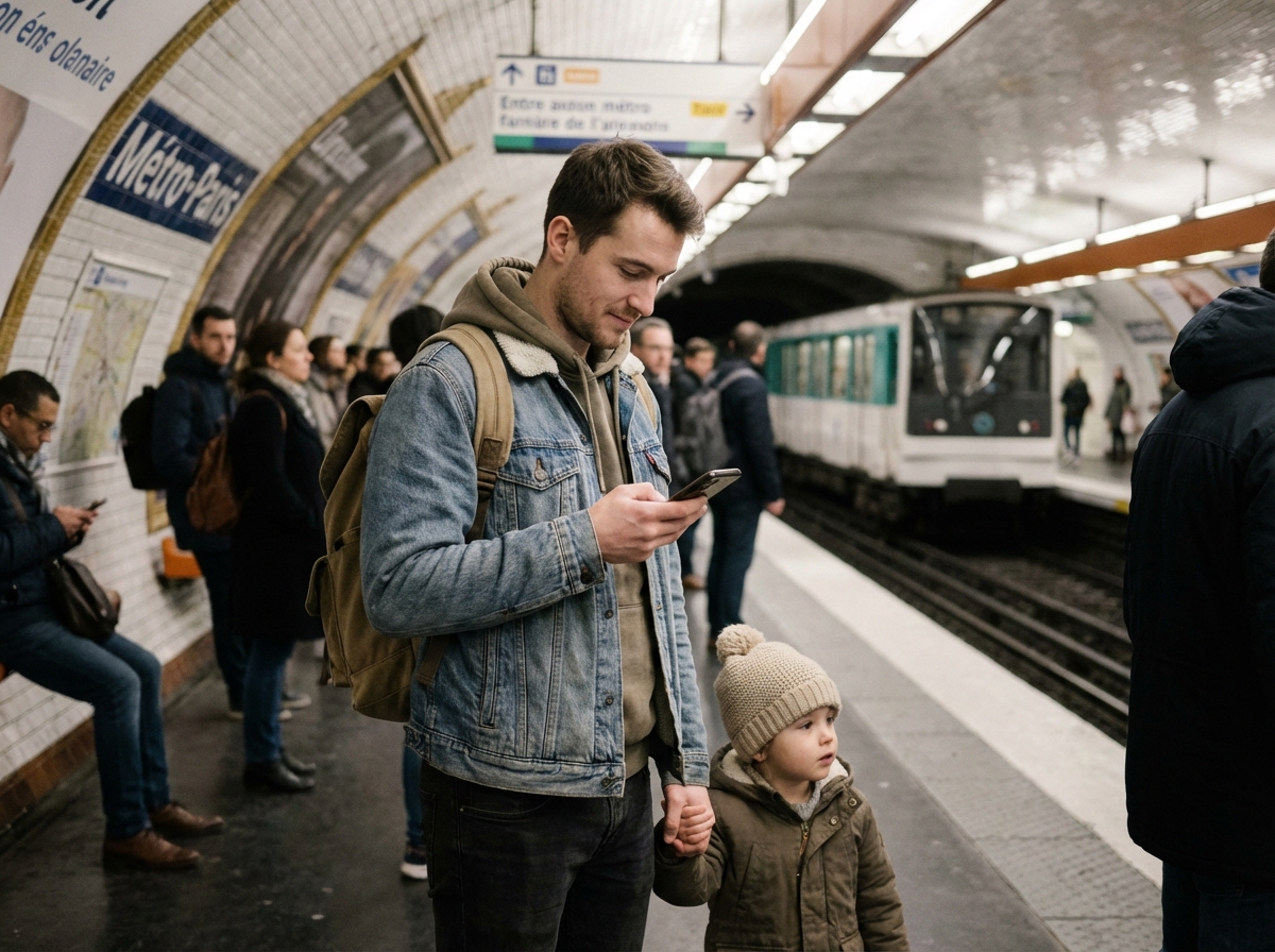 P&egrave;re et enfant dans le m&eacute;tro parisien au matin