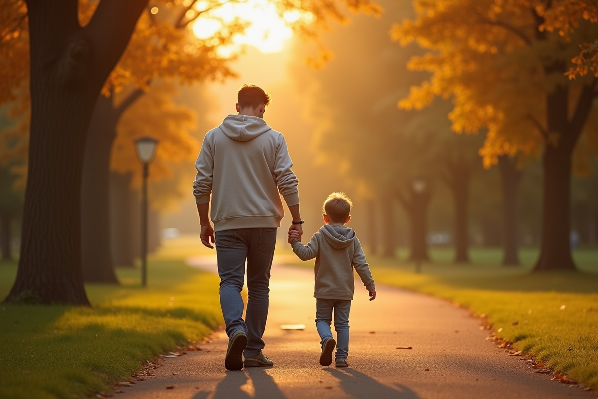 Père et enfant se tenant la main dans un parc ensoleille