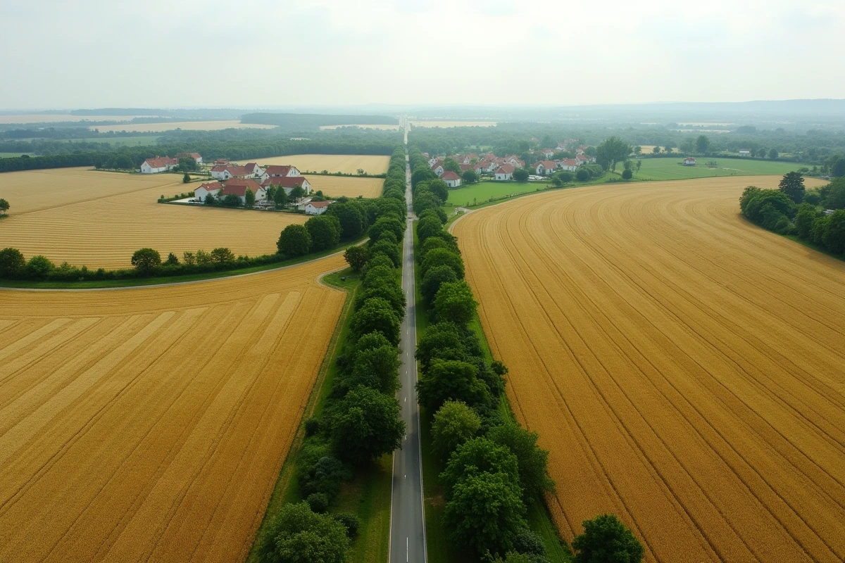 Vue panoramique de la campagne entre Bésigny et Souppes-sur-Loing, avec champs de blé, fermes aux toits rouges et routes sinueuses du Gâtinais