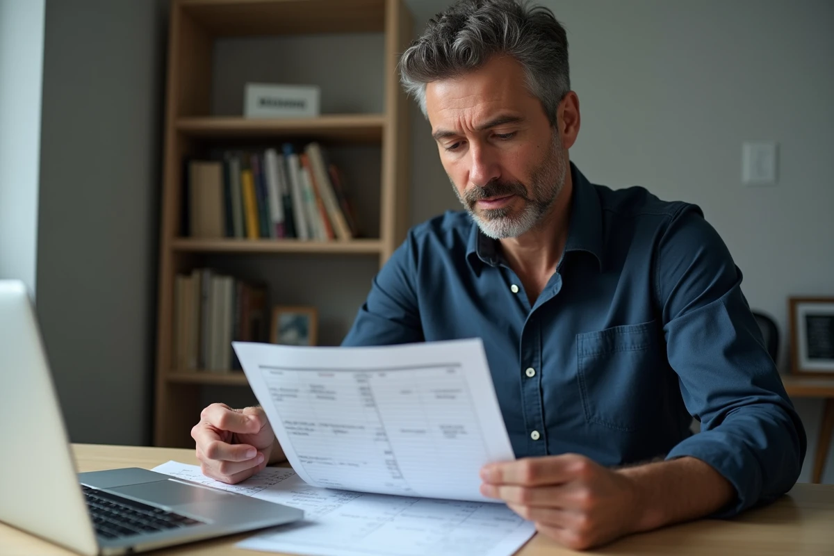 Père consultant un calendrier imprimé de garde alternée semaines paires et impaires à son bureau à domicile