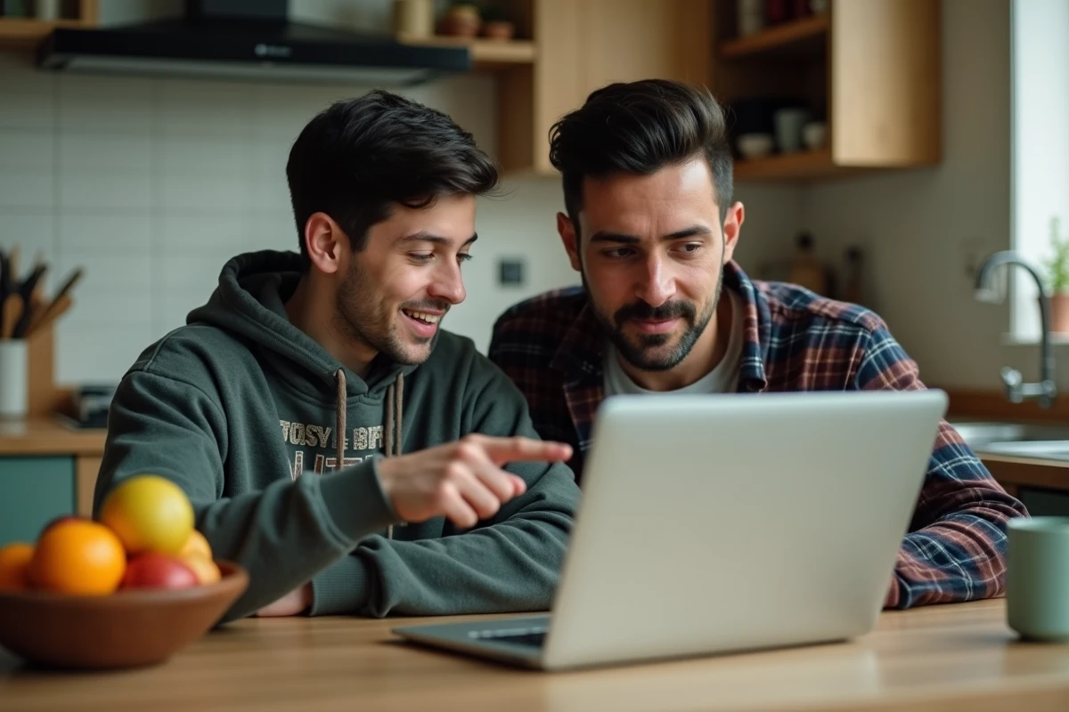 Père et fils adolescent explorant ensemble la culture emo sur un ordinateur pour améliorer leur communication familiale