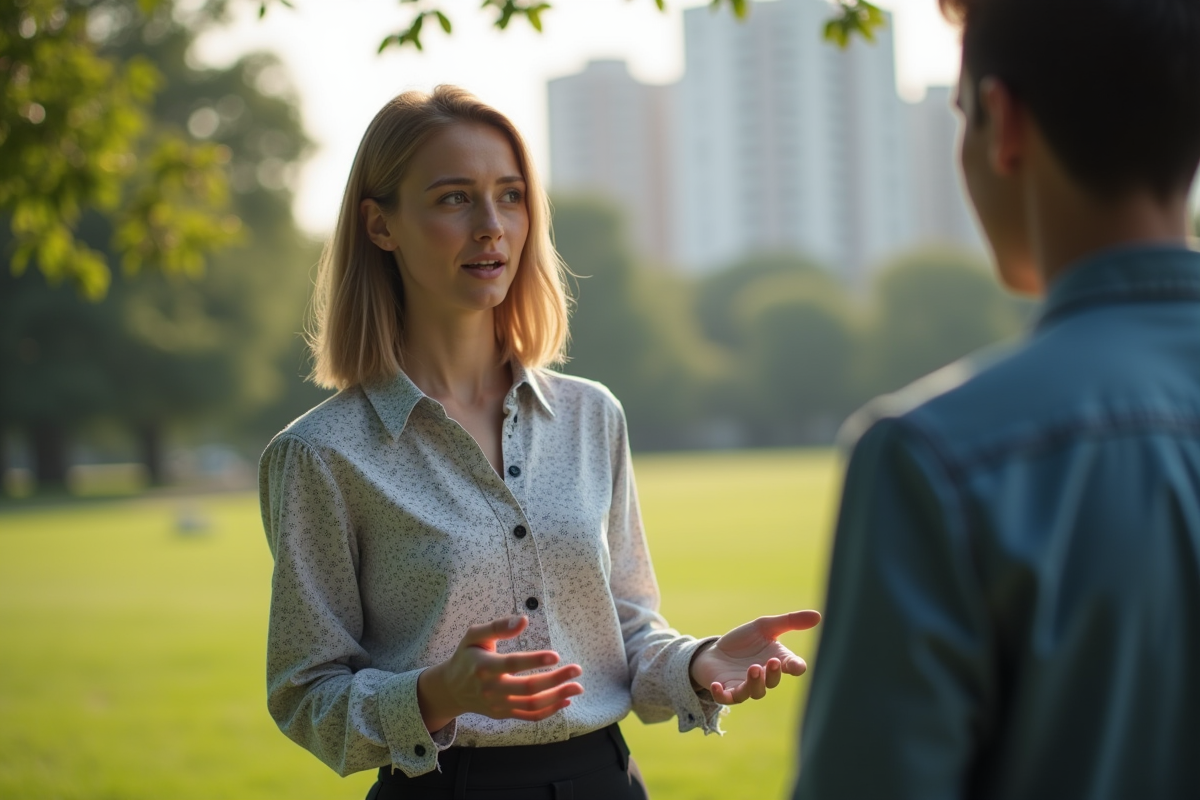 Personne nonbinaire discutant dans un parc urbain