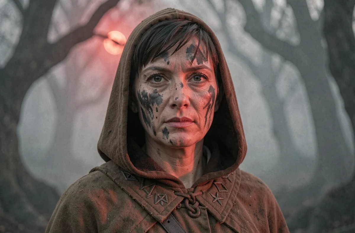 Portrait rapproché d'une pourfendeuse de démons au regard tendu sous une lune rouge inquiétante dans une forêt brumeuse