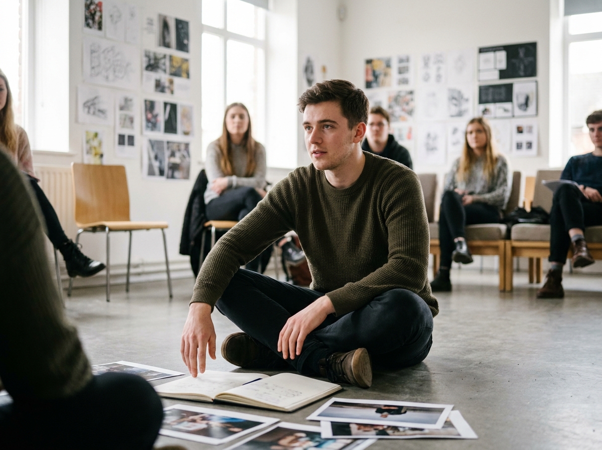 Étudiant en prépa artistique participant à une session de critique de portfolio en groupe dans un espace commun d'école d'art