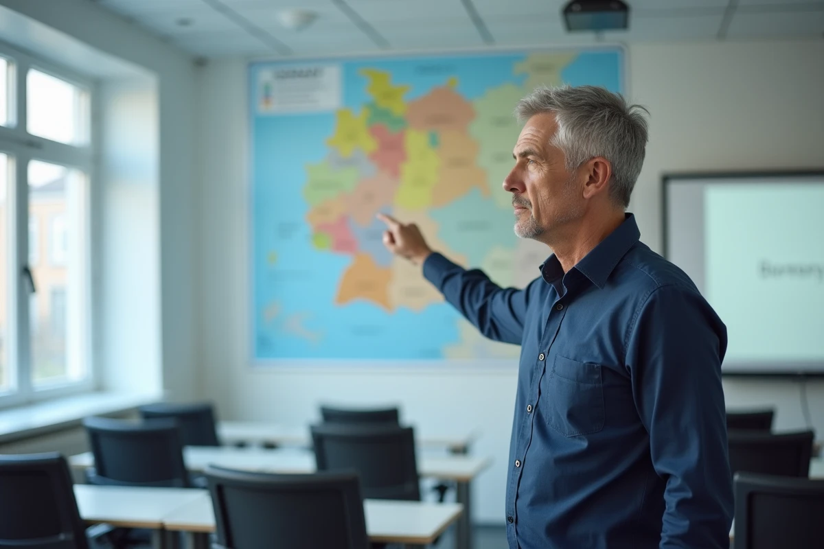 Professeur pointant les régions de l'Allemagne sur une carte murale dans une salle universitaire moderne