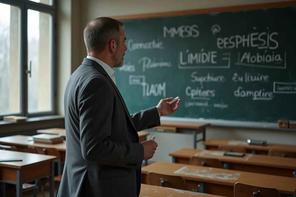 Professeur de philosophie expliquant la définition de l'art au tableau dans une salle de classe de lycée français