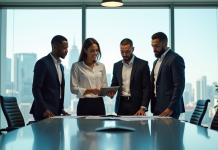 Groupe de professionnels en réunion avec vue urbaine