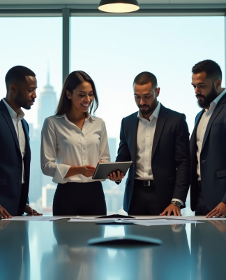 Groupe de professionnels en réunion avec vue urbaine