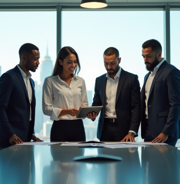 Transformation des entreprises : découvrez les quatre piliers essentiels Groupe de professionnels en réunion avec vue urbaine