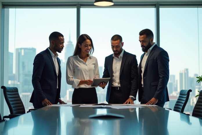 Groupe de professionnels en réunion avec vue urbaine