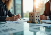 Deux professionnels en réunion analysant des documents immobiliers