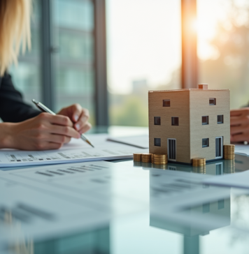 Deux professionnels en réunion analysant des documents immobiliers