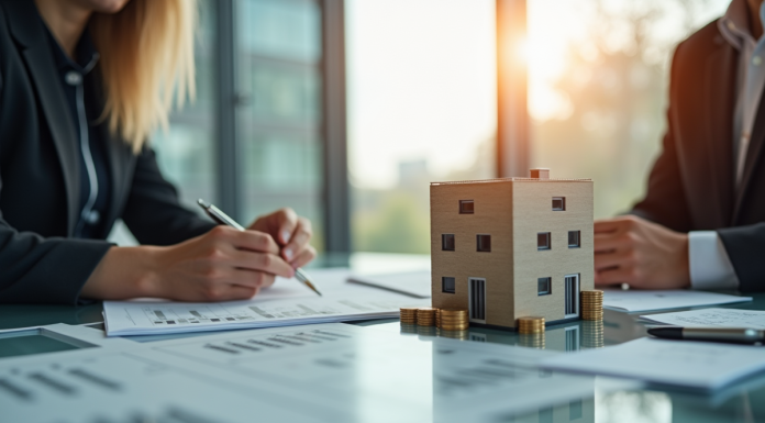 Deux professionnels en réunion analysant des documents immobiliers