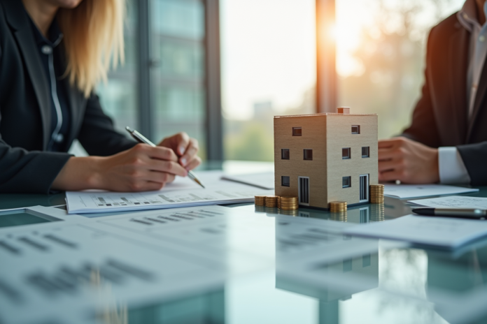 professionnels-immobilier-bureau Deux professionnels en réunion analysant des documents immobiliers